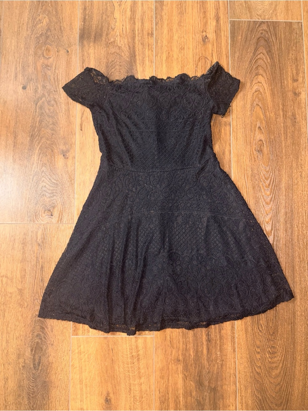 Rewind Black Off-the-Shoulder Floral Lace Fit & Flare Skater Mini Dress